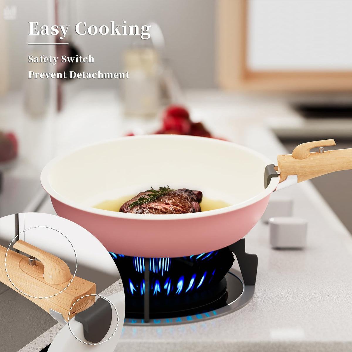 6 Pieces Kitchen Non-Stick Cookware Sets with Removable Handle, Stackable Pots and Pans Set Nonstick for Induction Gas RVs Camping Space Saving，Pink