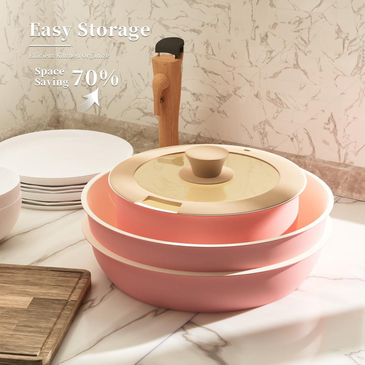 6 Pieces Kitchen Non-Stick Cookware Sets with Removable Handle, Stackable Pots and Pans Set Nonstick for Induction Gas RVs Camping Space Saving，Pink