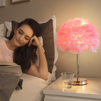 ZYLEIESENBAO Pink Feather Lamp Cute Romantic Goose Feather Table Lamp Furry Nightstand Light with Gold Base Bedside Lamp for Girl Princess Bedroom Living Room Wedding Decoration Gift