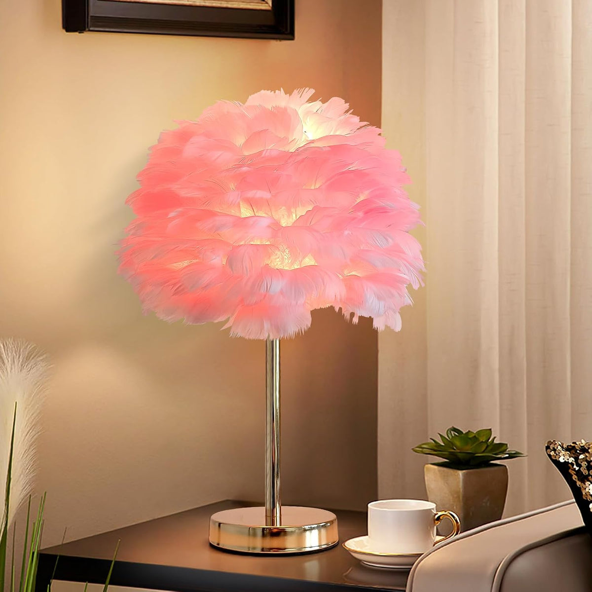 ZYLEIESENBAO Pink Feather Lamp Cute Romantic Goose Feather Table Lamp Furry Nightstand Light with Gold Base Bedside Lamp for Girl Princess Bedroom Living Room Wedding Decoration Gift