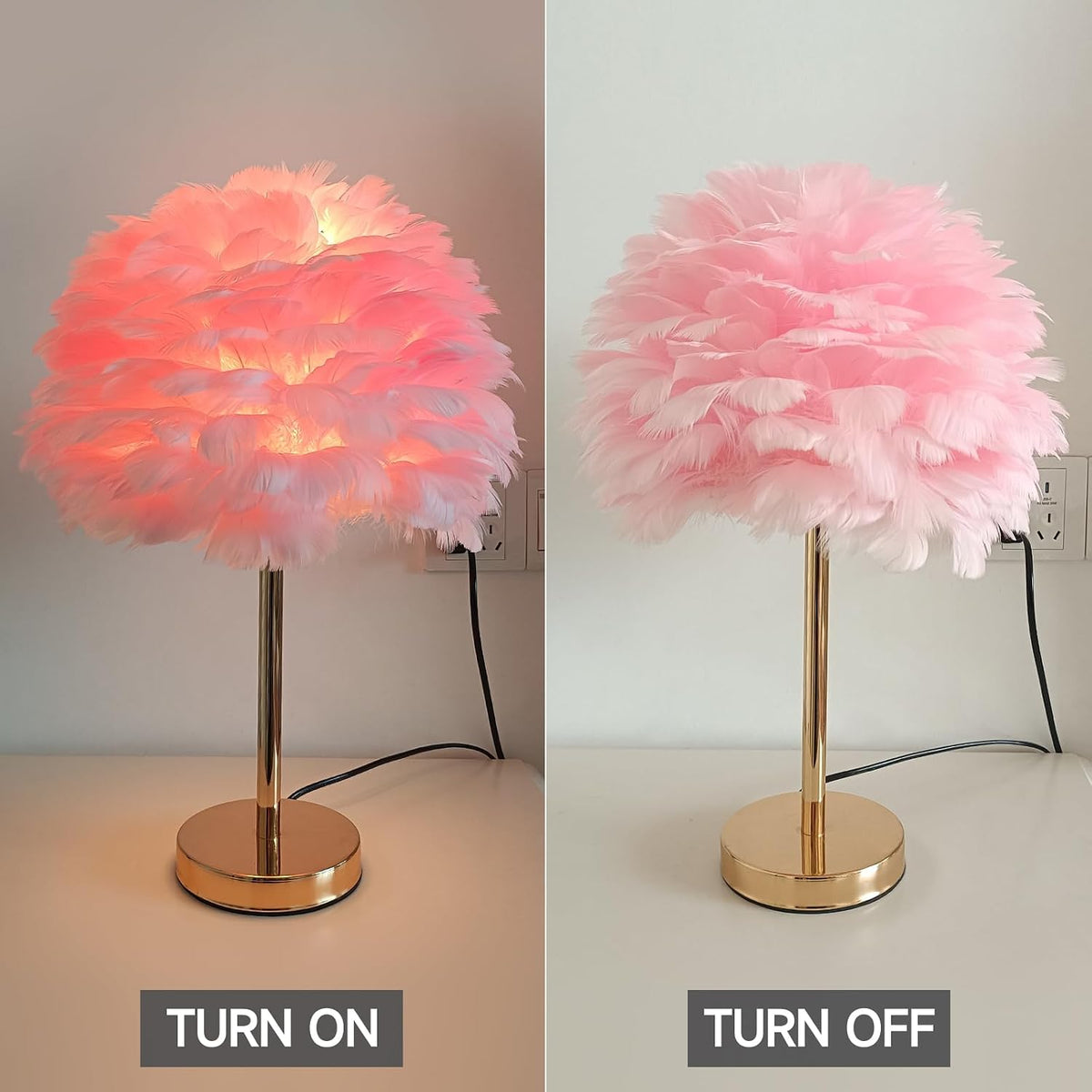 ZYLEIESENBAO Pink Feather Lamp Cute Romantic Goose Feather Table Lamp Furry Nightstand Light with Gold Base Bedside Lamp for Girl Princess Bedroom Living Room Wedding Decoration Gift