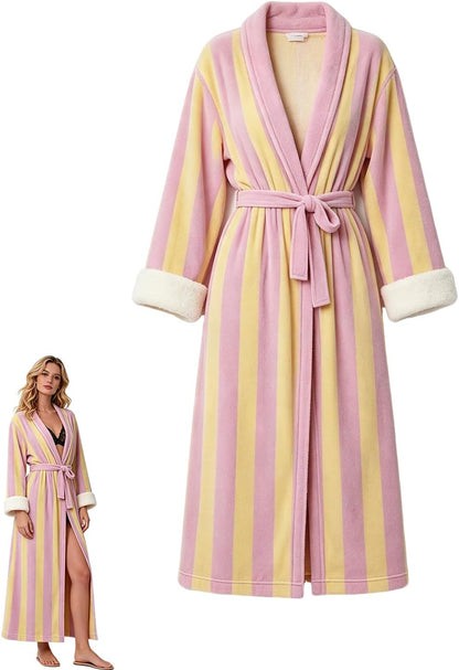 Women's Striped and Plaid Flannel Long Robe - Lightweight Cozy Bathrobe for Home, Stylish Artistic womens robe