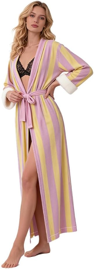 Women's Striped and Plaid Flannel Long Robe - Lightweight Cozy Bathrobe for Home, Stylish Artistic womens robe