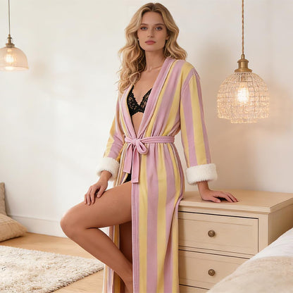 Women's Striped and Plaid Flannel Long Robe - Lightweight Cozy Bathrobe for Home, Stylish Artistic womens robe