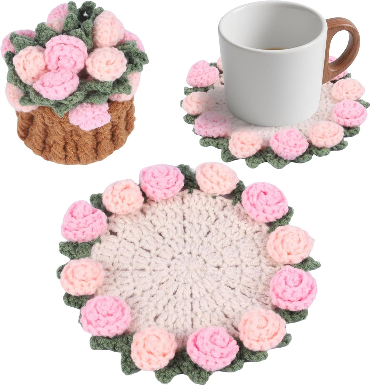 Handmade Crochet Coaster Set with Mini Basket -Boho Floral Coasters for Coffee Table, Wedding Gift, Housewarming, Birthday Vintage Rose Design (Pink)