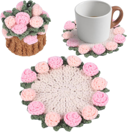 Handmade Crochet Coaster Set with Mini Basket -Boho Floral Coasters for Coffee Table, Wedding Gift, Housewarming, Birthday Vintage Rose Design (Pink)