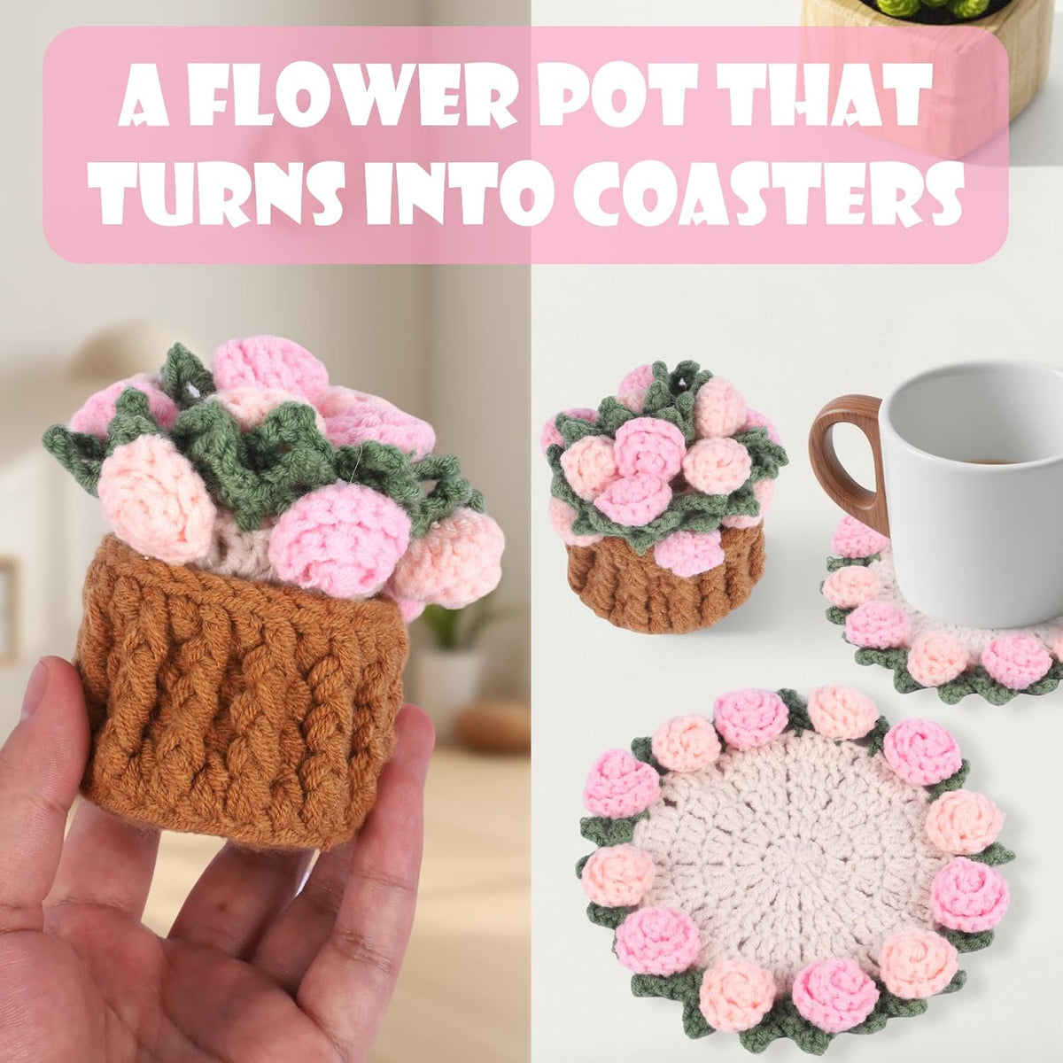 Handmade Crochet Coaster Set with Mini Basket -Boho Floral Coasters for Coffee Table, Wedding Gift, Housewarming, Birthday Vintage Rose Design (Pink)