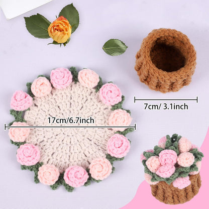 Handmade Crochet Coaster Set with Mini Basket -Boho Floral Coasters for Coffee Table, Wedding Gift, Housewarming, Birthday Vintage Rose Design (Pink)