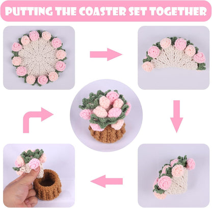 Handmade Crochet Coaster Set with Mini Basket -Boho Floral Coasters for Coffee Table, Wedding Gift, Housewarming, Birthday Vintage Rose Design (Pink)