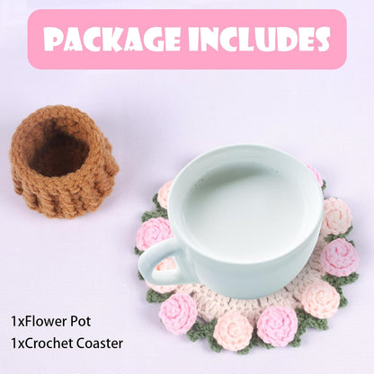 Handmade Crochet Coaster Set with Mini Basket -Boho Floral Coasters for Coffee Table, Wedding Gift, Housewarming, Birthday Vintage Rose Design (Pink)