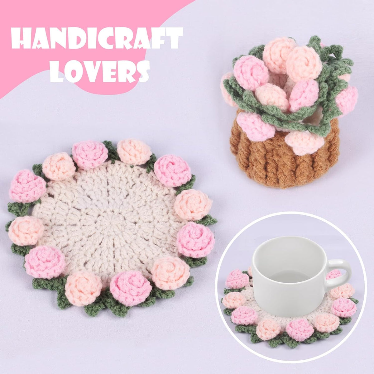 Handmade Crochet Coaster Set with Mini Basket -Boho Floral Coasters for Coffee Table, Wedding Gift, Housewarming, Birthday Vintage Rose Design (Pink)