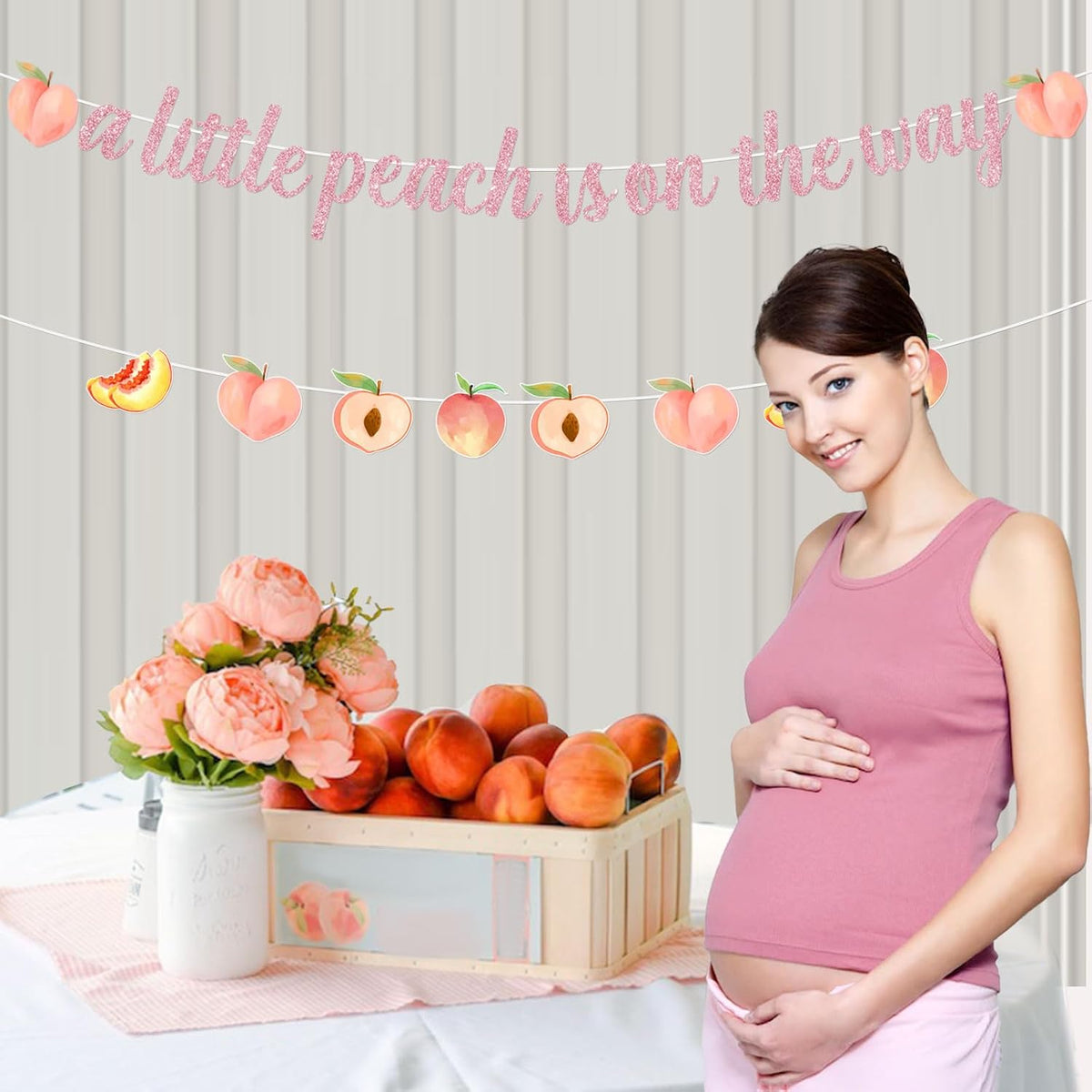 Peach Baby Shower Banner, A Little Peach is on the Way Bunting Garland, Peach Themed Girls Baby Shower Decorations Supplies
