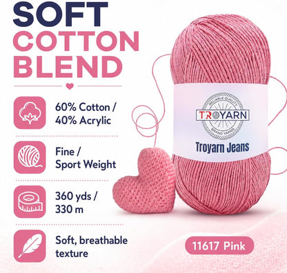 60% Cotton 40% Acrylic Crochet Yarn - Soft Fine/Sport Yarn - Pink - Ideal for Amigurumi Dolls and Baby Garments