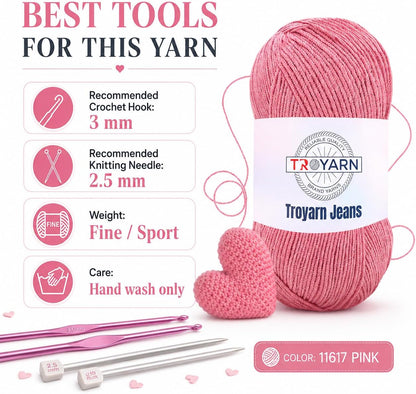 60% Cotton 40% Acrylic Crochet Yarn - Soft Fine/Sport Yarn - Pink - Ideal for Amigurumi Dolls and Baby Garments