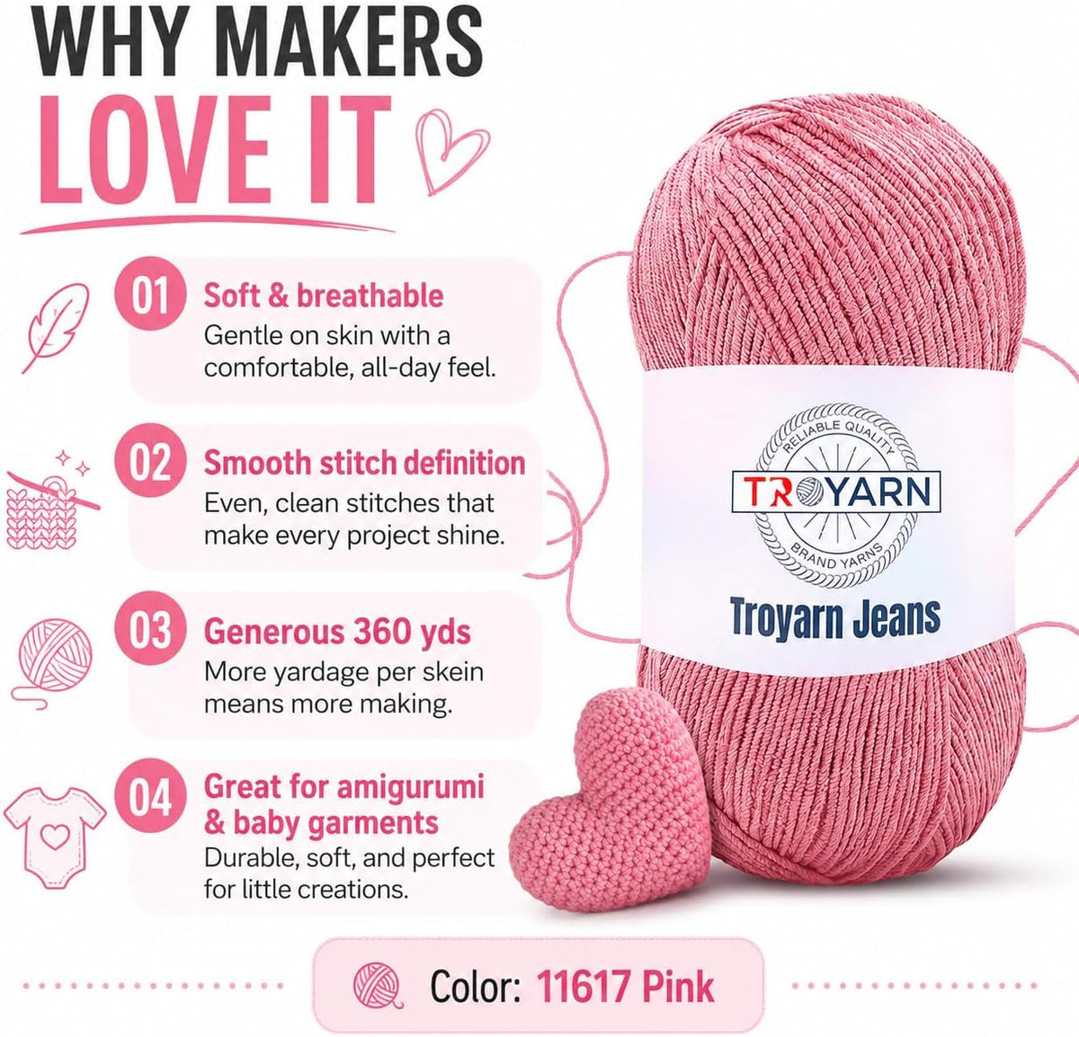 60% Cotton 40% Acrylic Crochet Yarn - Soft Fine/Sport Yarn - Pink - Ideal for Amigurumi Dolls and Baby Garments