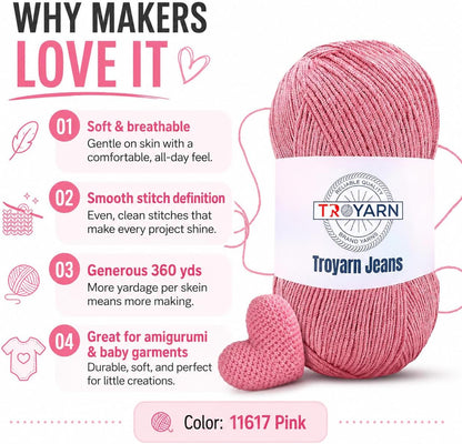 60% Cotton 40% Acrylic Crochet Yarn - Soft Fine/Sport Yarn - Pink - Ideal for Amigurumi Dolls and Baby Garments