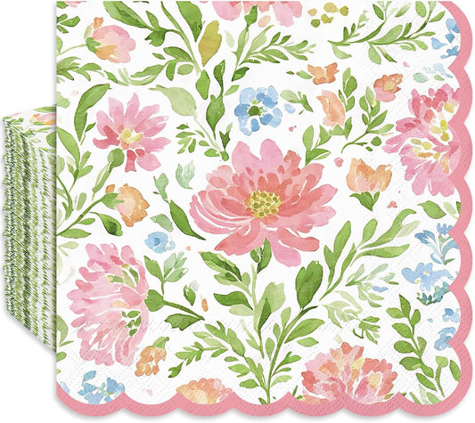 50Pcs Floral Cocktail Napkins Watercolor Pink Green Flower Disposable Paper Napkin Scalloped Beverage Napkin for Spring Wedding Birthday Party Supplies Table Decor