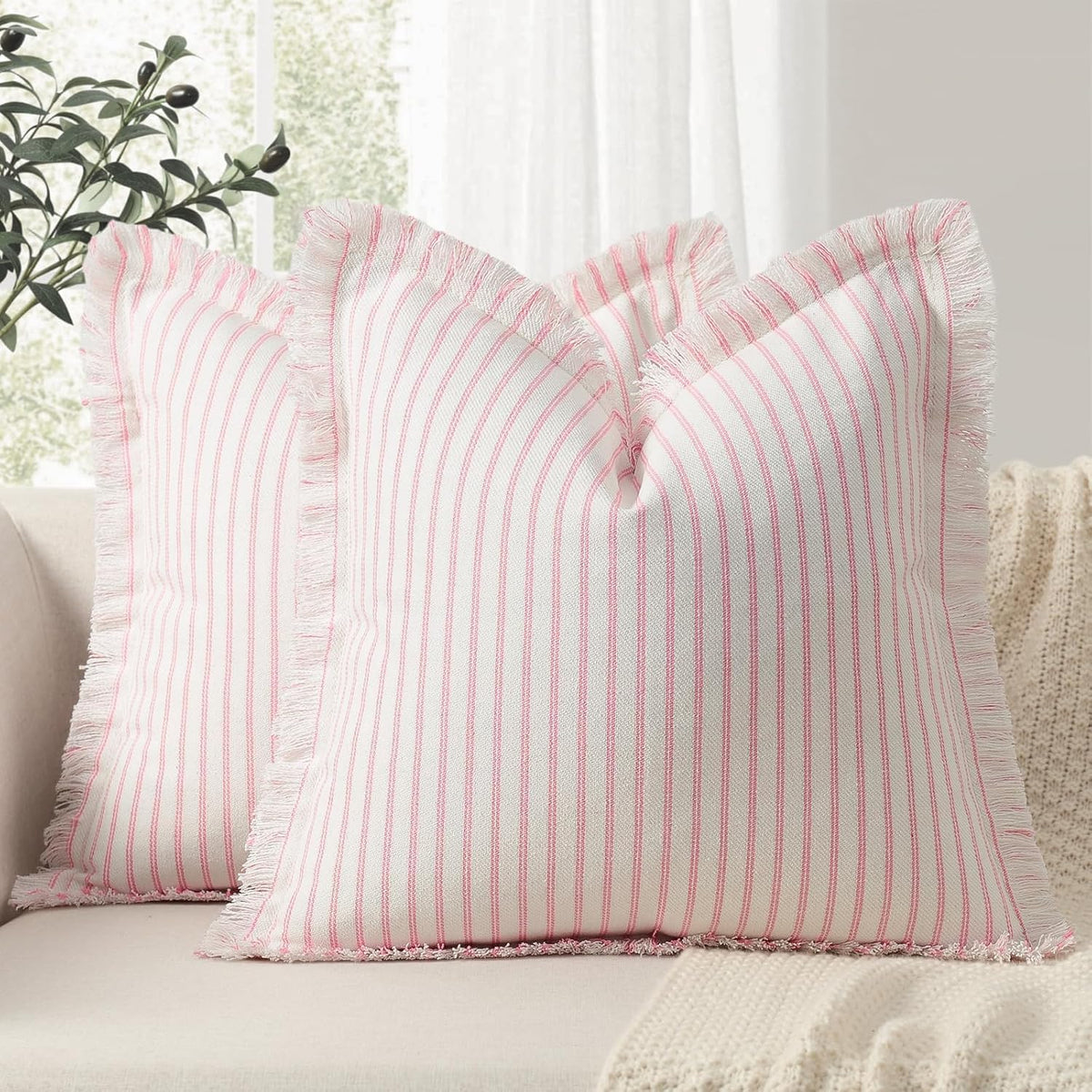 Throw Pillow Covers 22x22 Set of 2 Striped Pillow Covers with Fringe Chic Cotton Decorative Pillows Square Cushion Covers for Sofa Couch Bed Living Room Farmhouse Decor, (Pink)