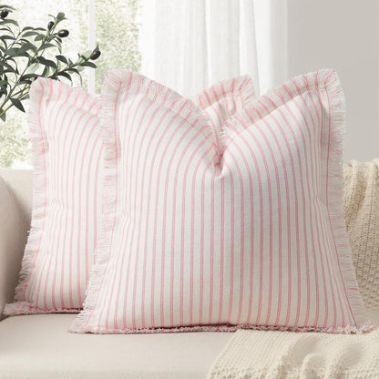 Throw Pillow Covers 22x22 Set of 2 Striped Pillow Covers with Fringe Chic Cotton Decorative Pillows Square Cushion Covers for Sofa Couch Bed Living Room Farmhouse Decor, (Pink)