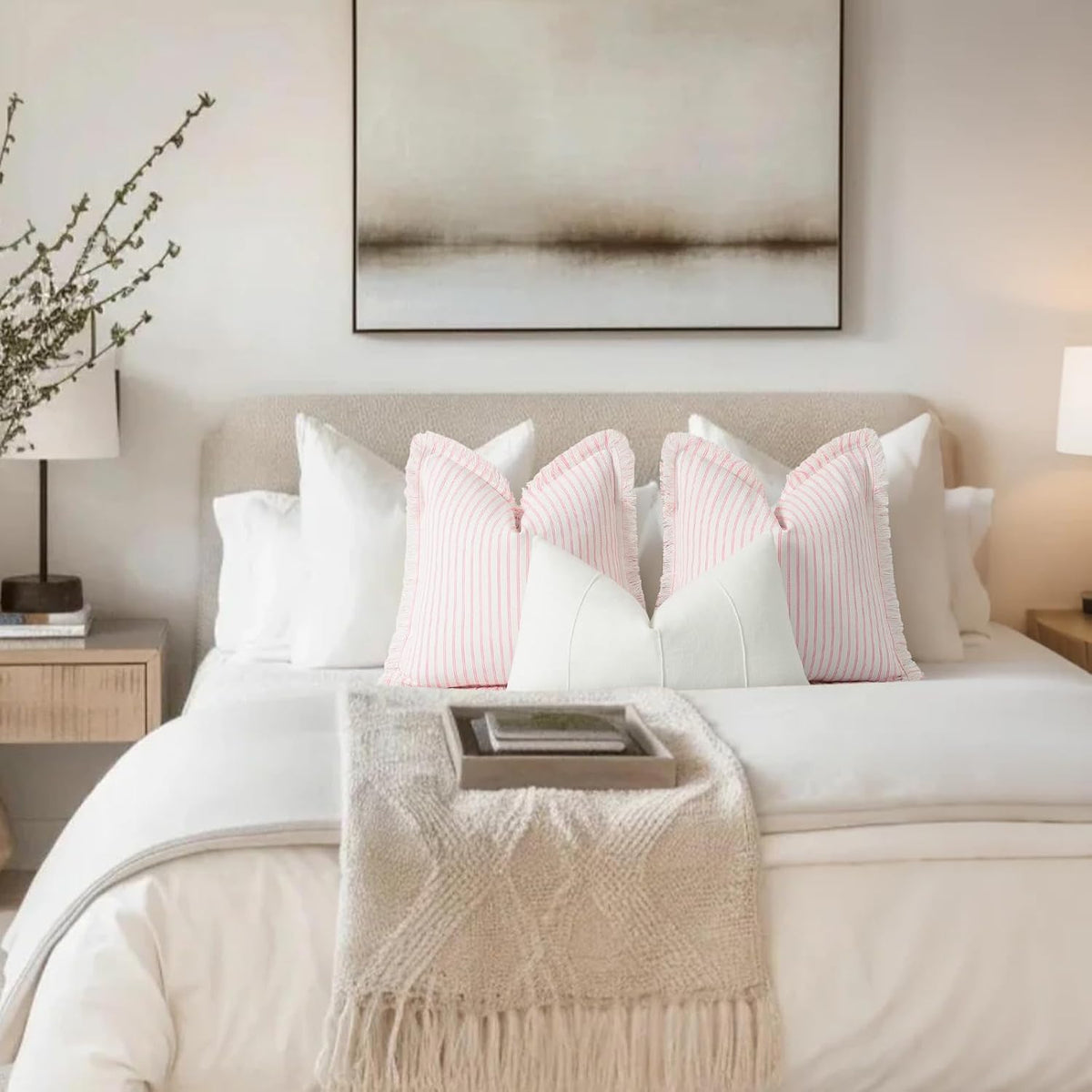 Throw Pillow Covers 22x22 Set of 2 Striped Pillow Covers with Fringe Chic Cotton Decorative Pillows Square Cushion Covers for Sofa Couch Bed Living Room Farmhouse Decor, (Pink)