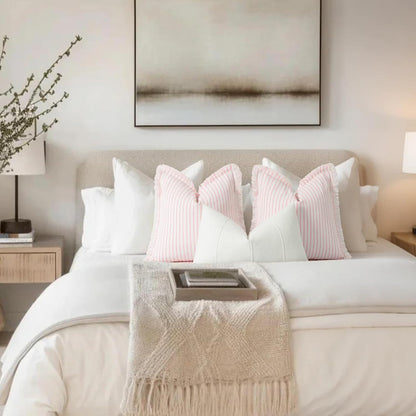 Throw Pillow Covers 22x22 Set of 2 Striped Pillow Covers with Fringe Chic Cotton Decorative Pillows Square Cushion Covers for Sofa Couch Bed Living Room Farmhouse Decor, (Pink)