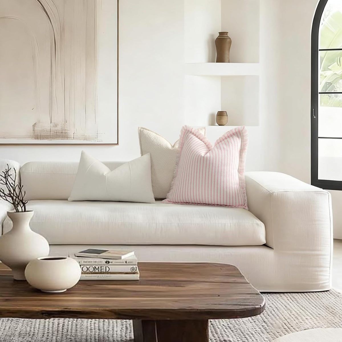 Throw Pillow Covers 22x22 Set of 2 Striped Pillow Covers with Fringe Chic Cotton Decorative Pillows Square Cushion Covers for Sofa Couch Bed Living Room Farmhouse Decor, (Pink)