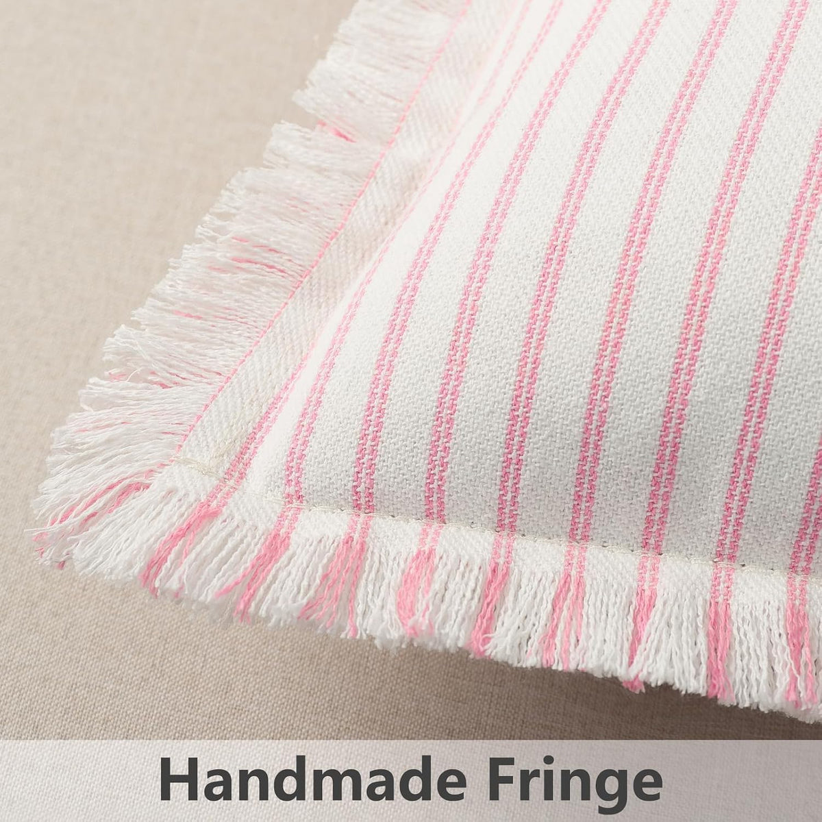 Throw Pillow Covers 22x22 Set of 2 Striped Pillow Covers with Fringe Chic Cotton Decorative Pillows Square Cushion Covers for Sofa Couch Bed Living Room Farmhouse Decor, (Pink)