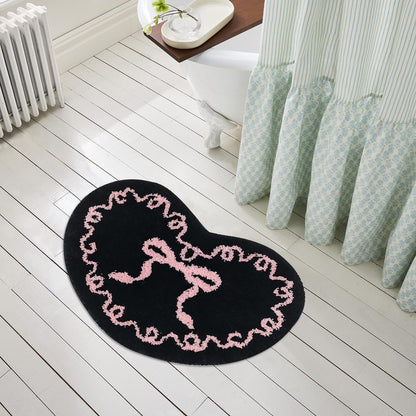 Black Pink Bow Bathroom Mat Coquette Non Slip Heart Shaped Bow Rug Cute Girly Carpet Room Decor Microfiber Absorbent Bath Rug for Bathroom Bathtub Shower Bedroom