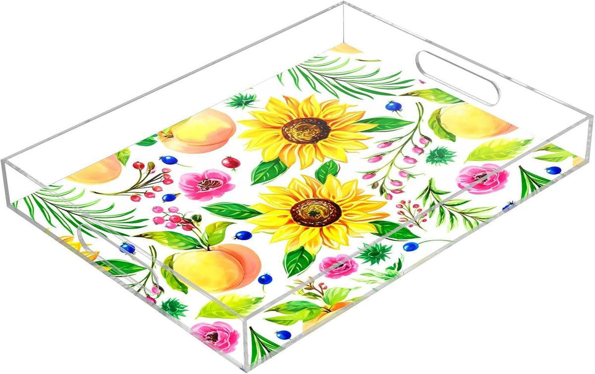 Peach Floral Sprigs White Serving Tray with Handles Decorative Ottoman Rectangle Acrylic Tray for Living Room Coffee Table Kitchen 16x12 Inch