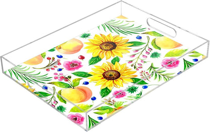 Peach Floral Sprigs White Serving Tray with Handles Decorative Ottoman Rectangle Acrylic Tray for Living Room Coffee Table Kitchen 16x12 Inch
