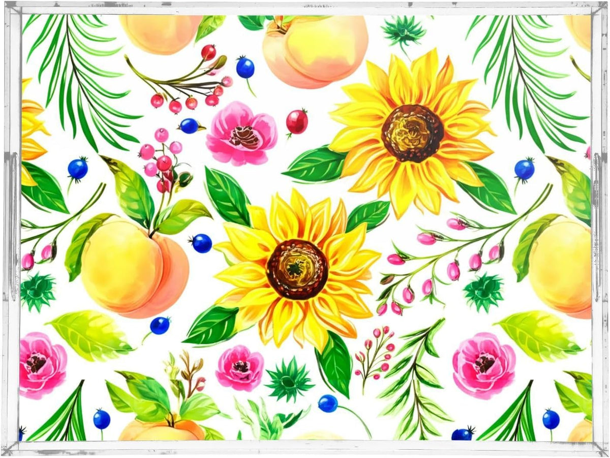 Peach Floral Sprigs White Serving Tray with Handles Decorative Ottoman Rectangle Acrylic Tray for Living Room Coffee Table Kitchen 16x12 Inch