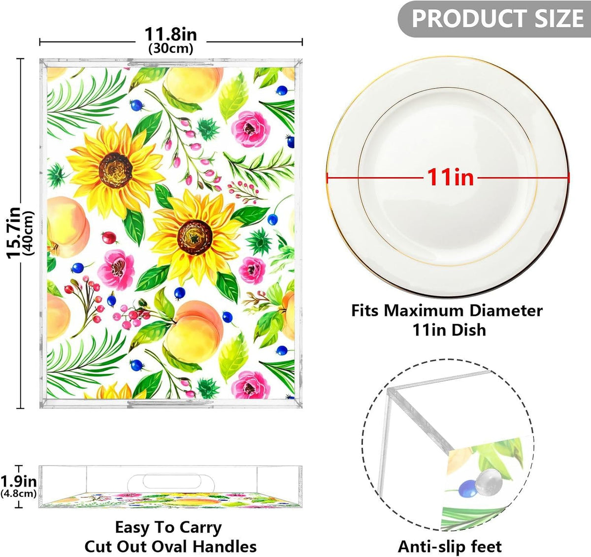 Peach Floral Sprigs White Serving Tray with Handles Decorative Ottoman Rectangle Acrylic Tray for Living Room Coffee Table Kitchen 16x12 Inch