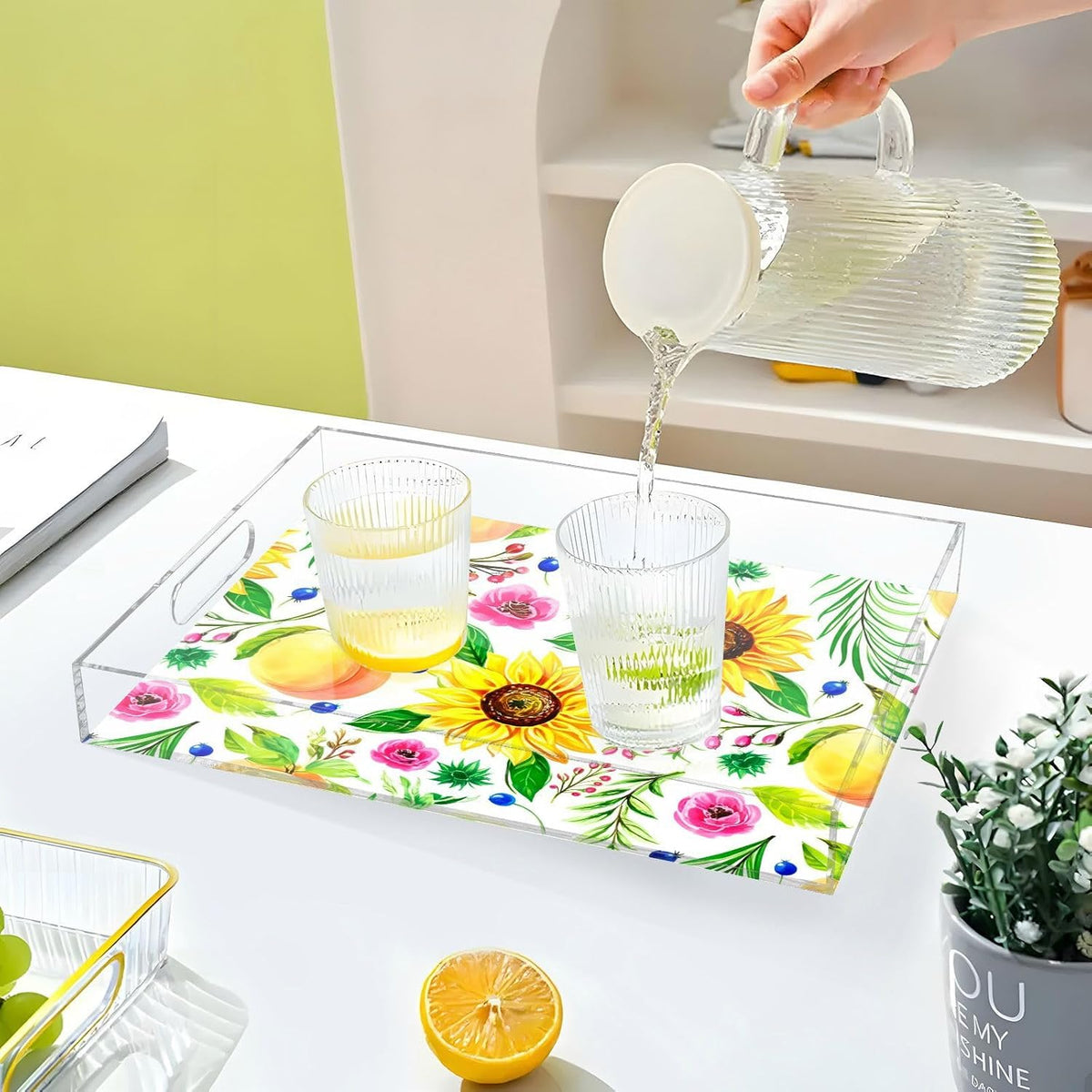 Peach Floral Sprigs White Serving Tray with Handles Decorative Ottoman Rectangle Acrylic Tray for Living Room Coffee Table Kitchen 16x12 Inch