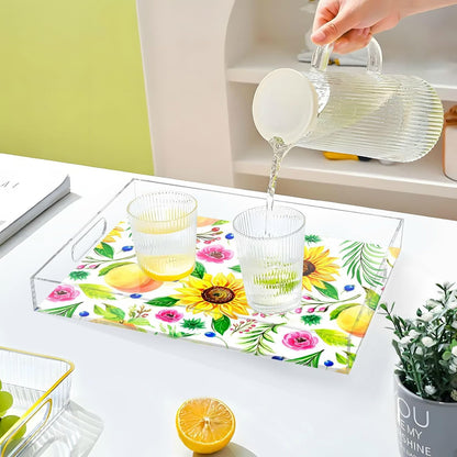 Peach Floral Sprigs White Serving Tray with Handles Decorative Ottoman Rectangle Acrylic Tray for Living Room Coffee Table Kitchen 16x12 Inch