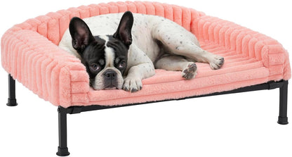 Elevated Dog Bed with Bolster Cushion, Fluffy Plush Dog Couch Beds for Small Dogs, Cats, Washable Raised Pet Cot with Non-Slip Feet for Indoor or Patios Use, 24 x 18 Inches, Pink