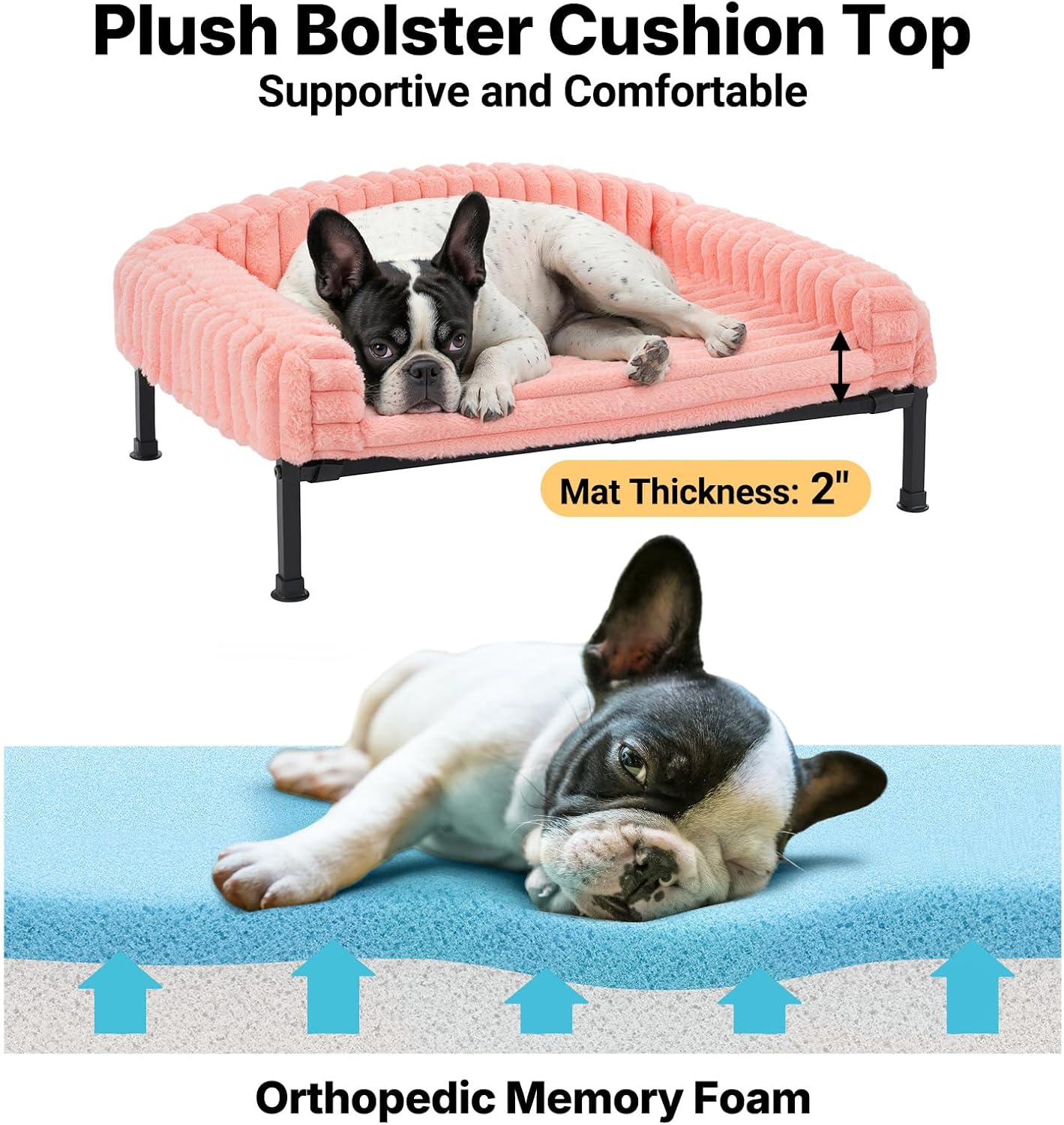 Elevated Dog Bed with Bolster Cushion, Fluffy Plush Dog Couch Beds for Small Dogs, Cats, Washable Raised Pet Cot with Non-Slip Feet for Indoor or Patios Use, 24 x 18 Inches, Pink