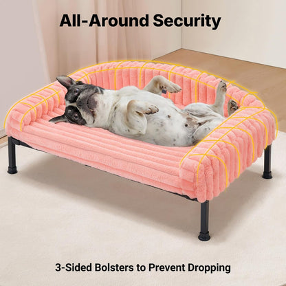Elevated Dog Bed with Bolster Cushion, Fluffy Plush Dog Couch Beds for Small Dogs, Cats, Washable Raised Pet Cot with Non-Slip Feet for Indoor or Patios Use, 24 x 18 Inches, Pink