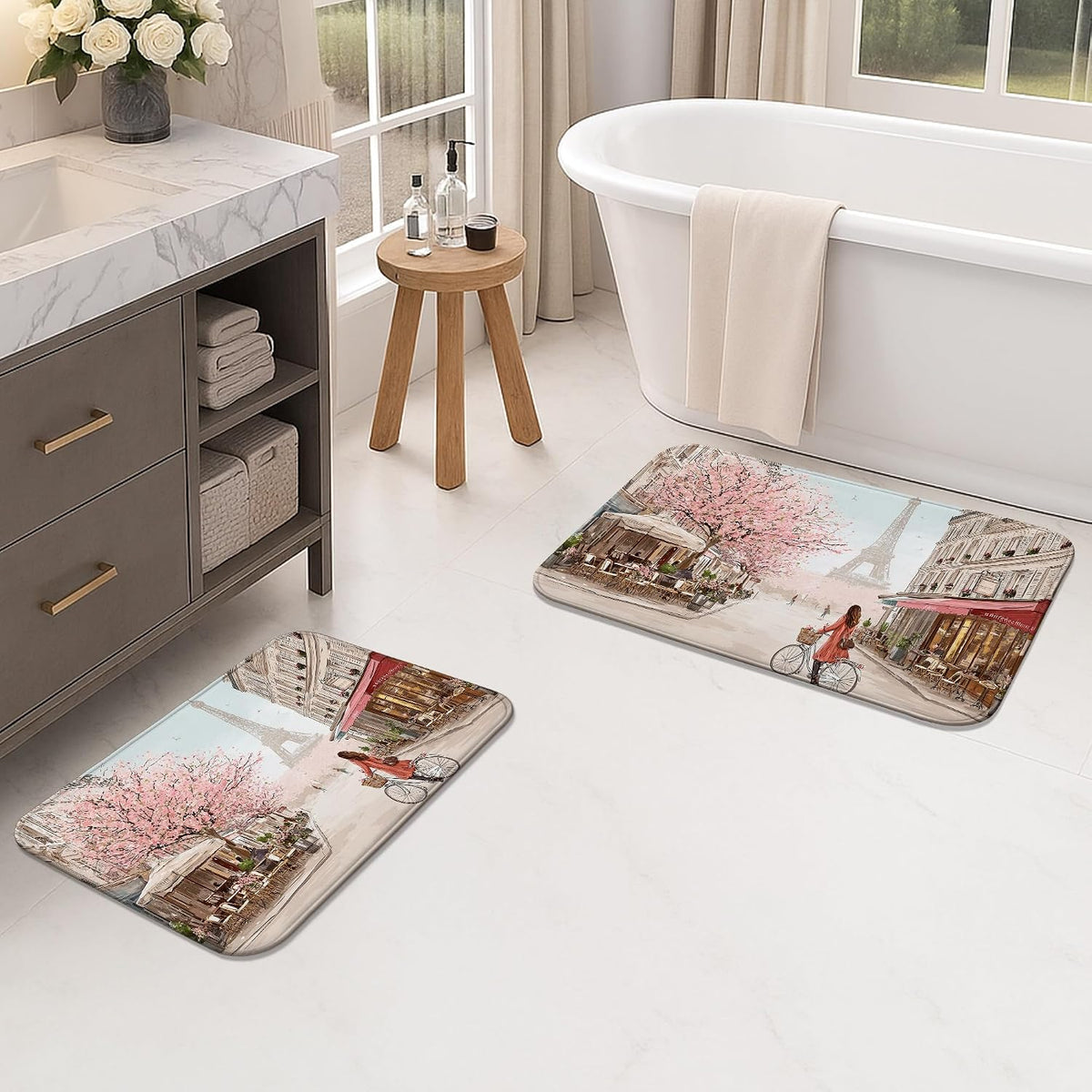 Vintage Artistic Quick Dry Bath Mat, Peach Cherries Blossom Scene Absorbent Non Slip Shower Mat, Spring Washable Bath Rugs for Bathroom Toilet 20x32 Inch