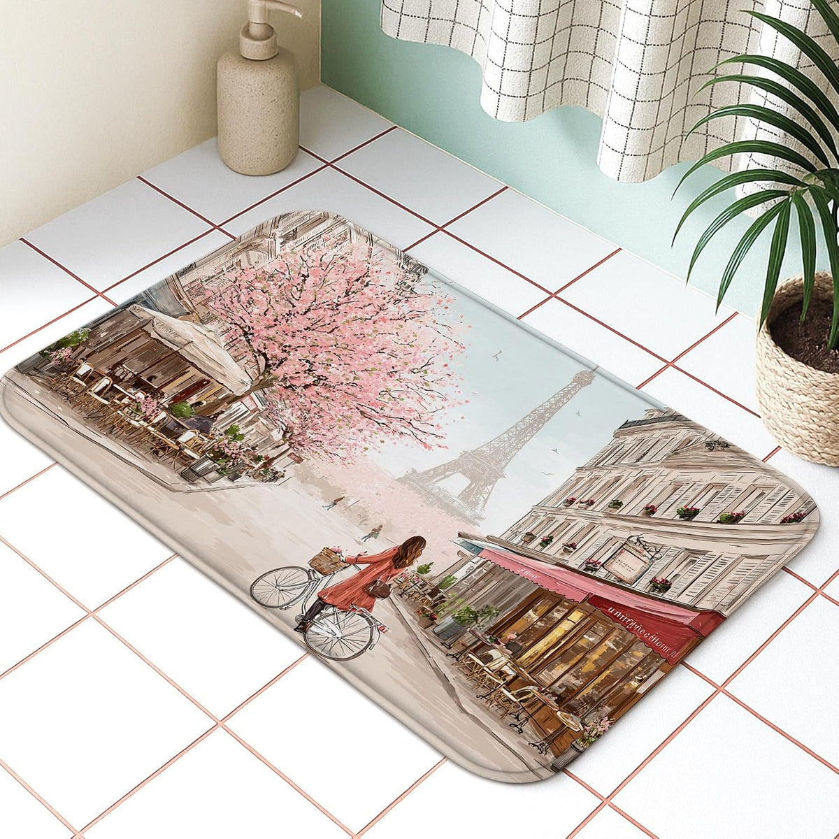 Vintage Artistic Quick Dry Bath Mat, Peach Cherries Blossom Scene Absorbent Non Slip Shower Mat, Spring Washable Bath Rugs for Bathroom Toilet 20x32 Inch