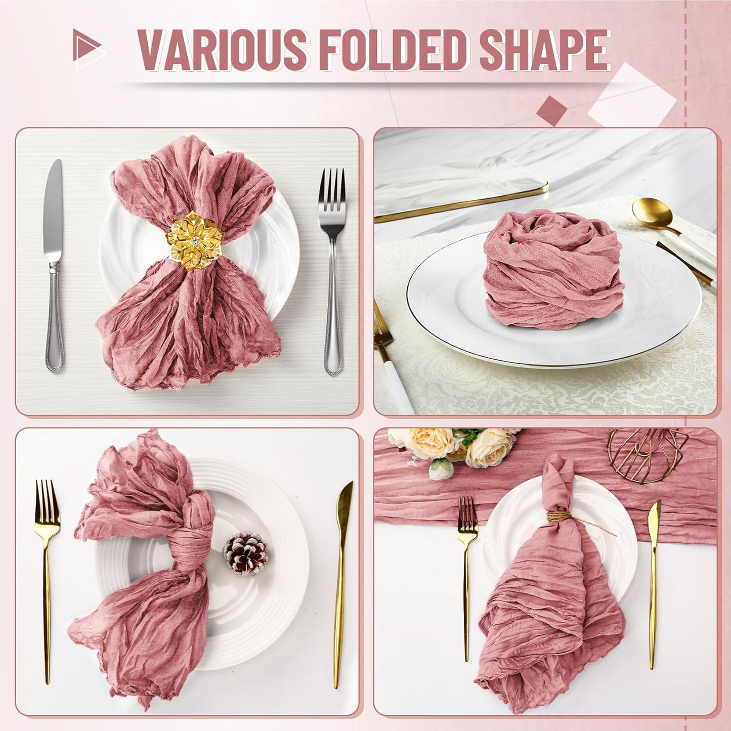 Cupuamon 25 Pack Cheesecloth Napkins 20x20 Inch Dinner Table Napkins Boho Washable Rustic Gauze Napkins Bulk for Wedding Bridal Baby Shower Party Decor (Dusty Pink)
