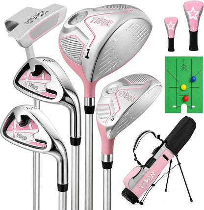Kids Golf Clubs Set for Ages 9-12,Right Left Handed Youth Golf Clubs Set with 400cc Driver, Hybrid, 7 Iron, 9 Iron, Wedge, Putter, Stand Bag & 2 Headcovers,Junior Golf Clubs,Blue Yellow Pink