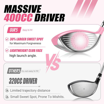Kids Golf Clubs Set for Ages 9-12,Right Left Handed Youth Golf Clubs Set with 400cc Driver, Hybrid, 7 Iron, 9 Iron, Wedge, Putter, Stand Bag & 2 Headcovers,Junior Golf Clubs,Blue Yellow Pink