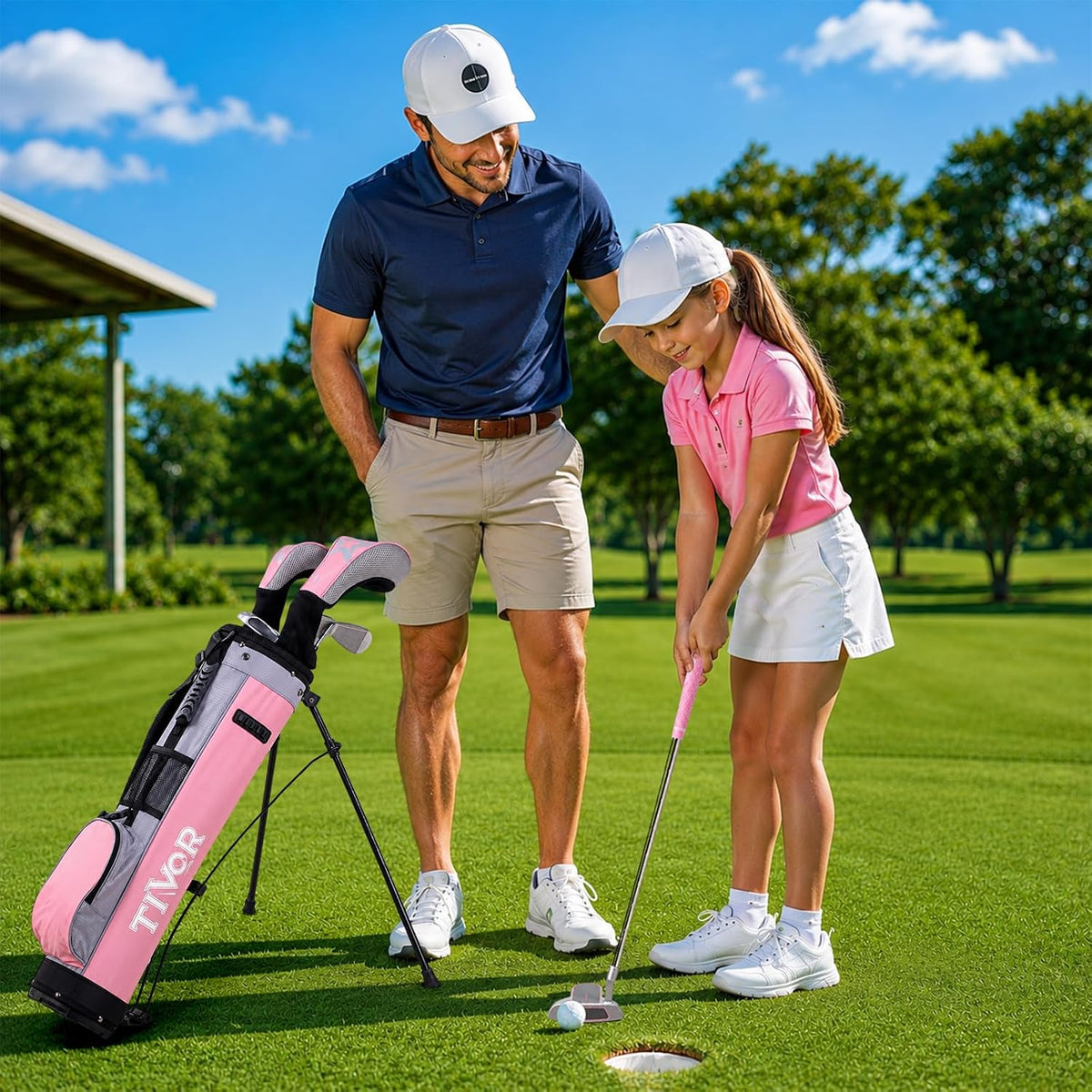 Kids Golf Clubs Set for Ages 9-12,Right Left Handed Youth Golf Clubs Set with 400cc Driver, Hybrid, 7 Iron, 9 Iron, Wedge, Putter, Stand Bag & 2 Headcovers,Junior Golf Clubs,Blue Yellow Pink