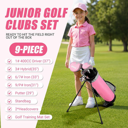 Kids Golf Clubs Set for Ages 9-12,Right Left Handed Youth Golf Clubs Set with 400cc Driver, Hybrid, 7 Iron, 9 Iron, Wedge, Putter, Stand Bag & 2 Headcovers,Junior Golf Clubs,Blue Yellow Pink