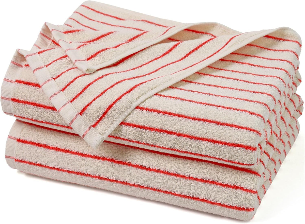 Striped Bath Towels Set of 2 (Coral Red), Lighter & Quick Dry Towels