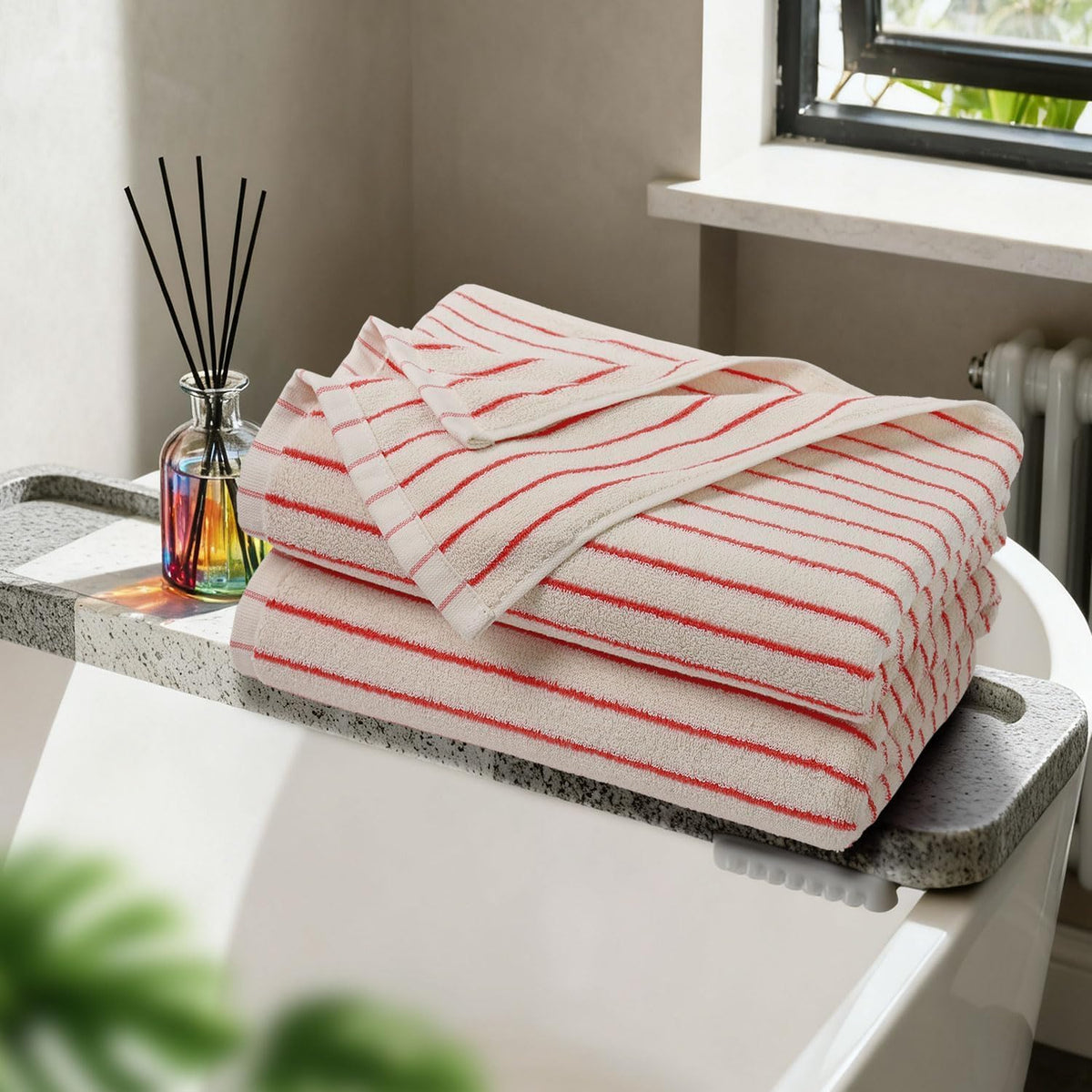 Striped Bath Towels Set of 2 (Coral Red), Lighter & Quick Dry Towels