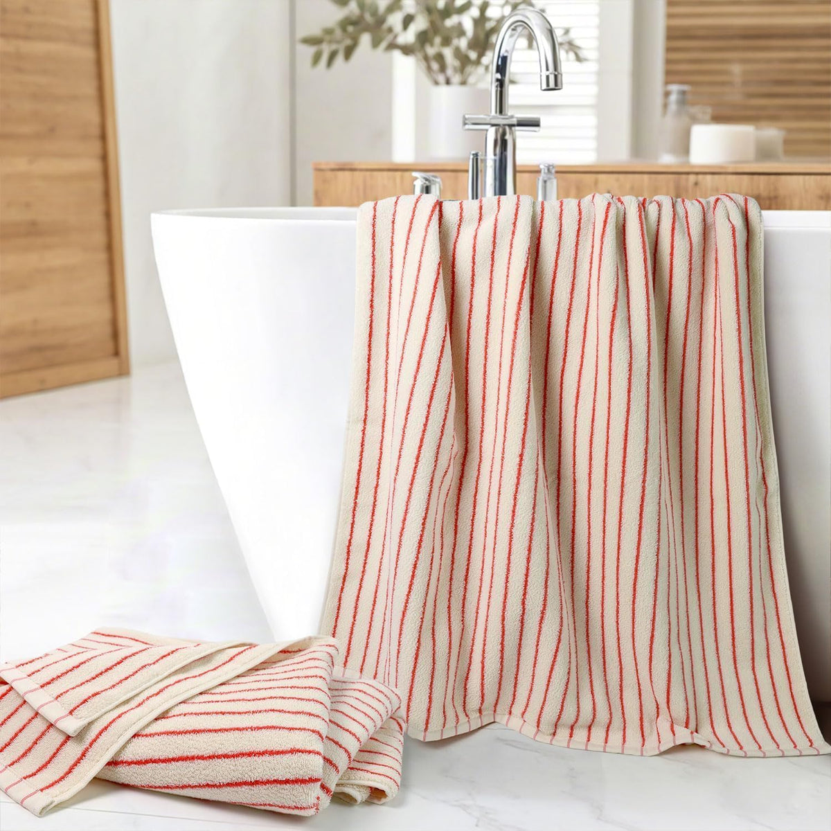 Striped Bath Towels Set of 2 (Coral Red), Lighter & Quick Dry Towels