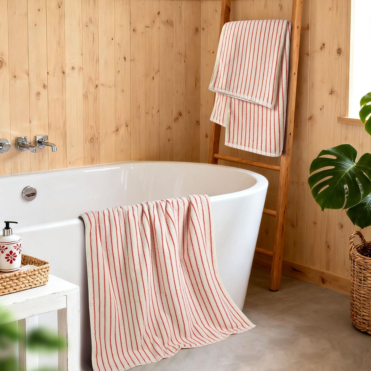 Striped Bath Towels Set of 2 (Coral Red), Lighter & Quick Dry Towels