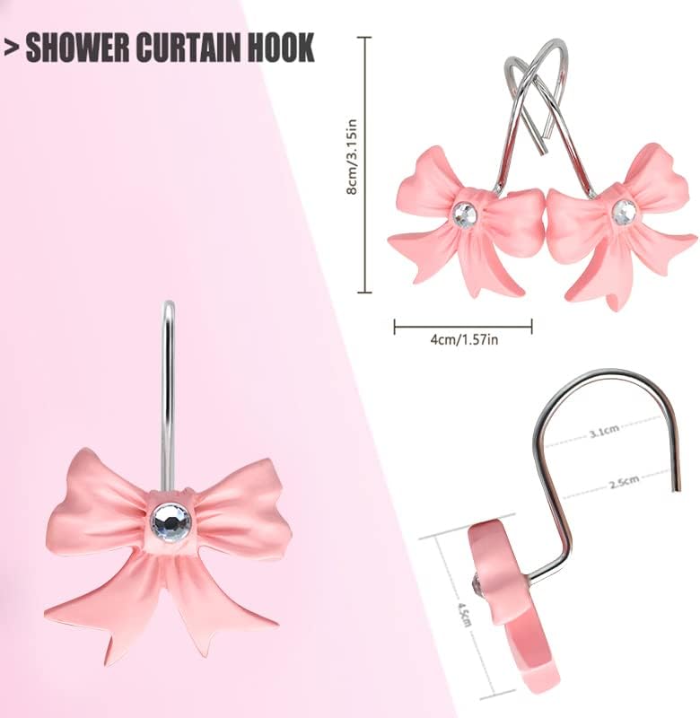 Decorative Shower Curtain Hooks,12PCS Bow Knot Hooks,Pink