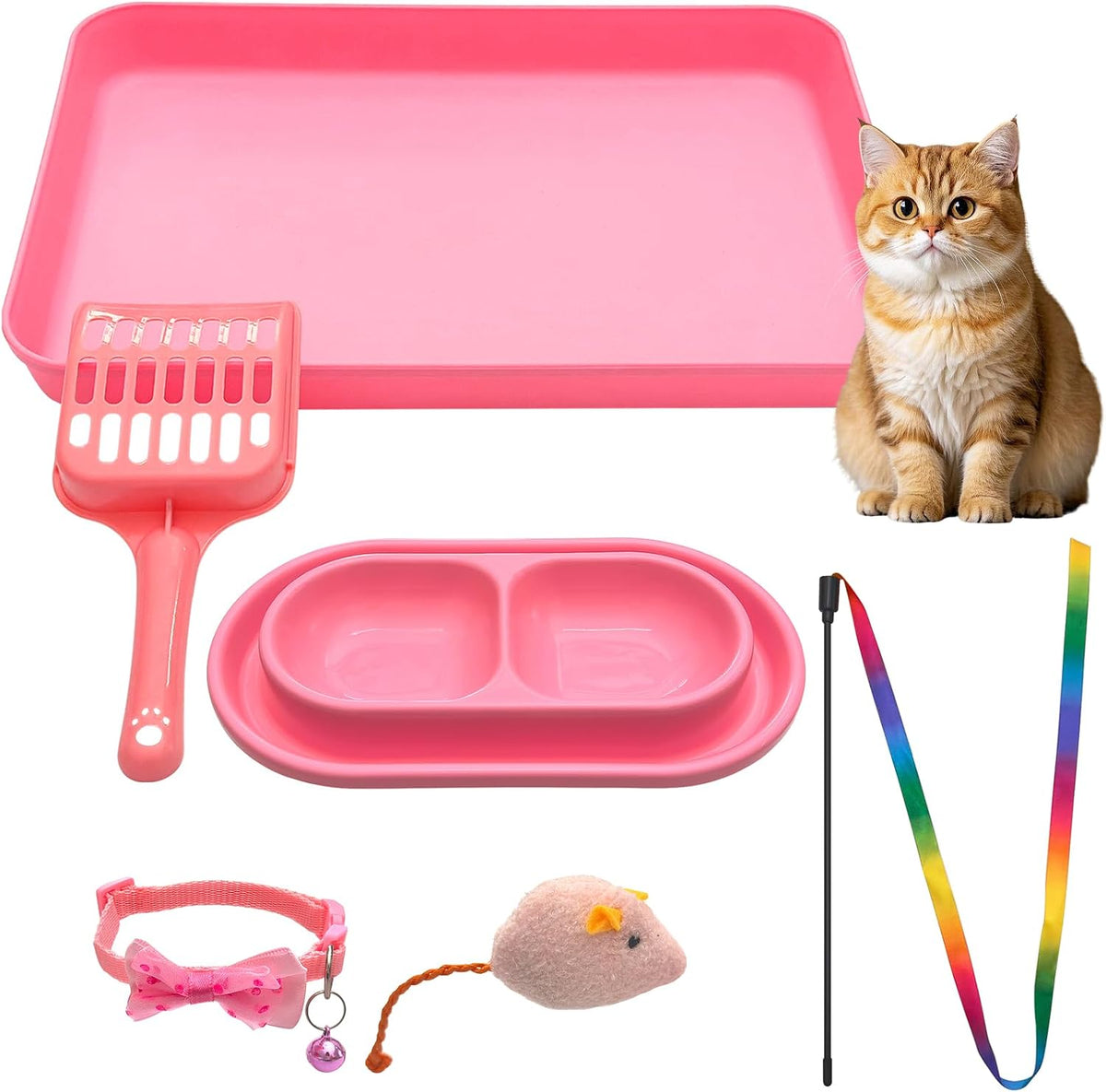 Kitten Starter Kit for Indoor Kittens, Pink Litter Box Access & Scoop, Dish Feeding Bowl, Adjustable Bell Collar, Mouse Toy - Low Entry Baby Cats Training Kits, New Kitten Essentials